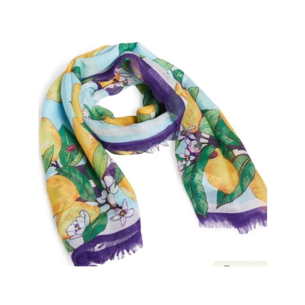Vera Bradley Lemon Grove Blue Yellow Green Purple White Blossoms Fringe Scarf